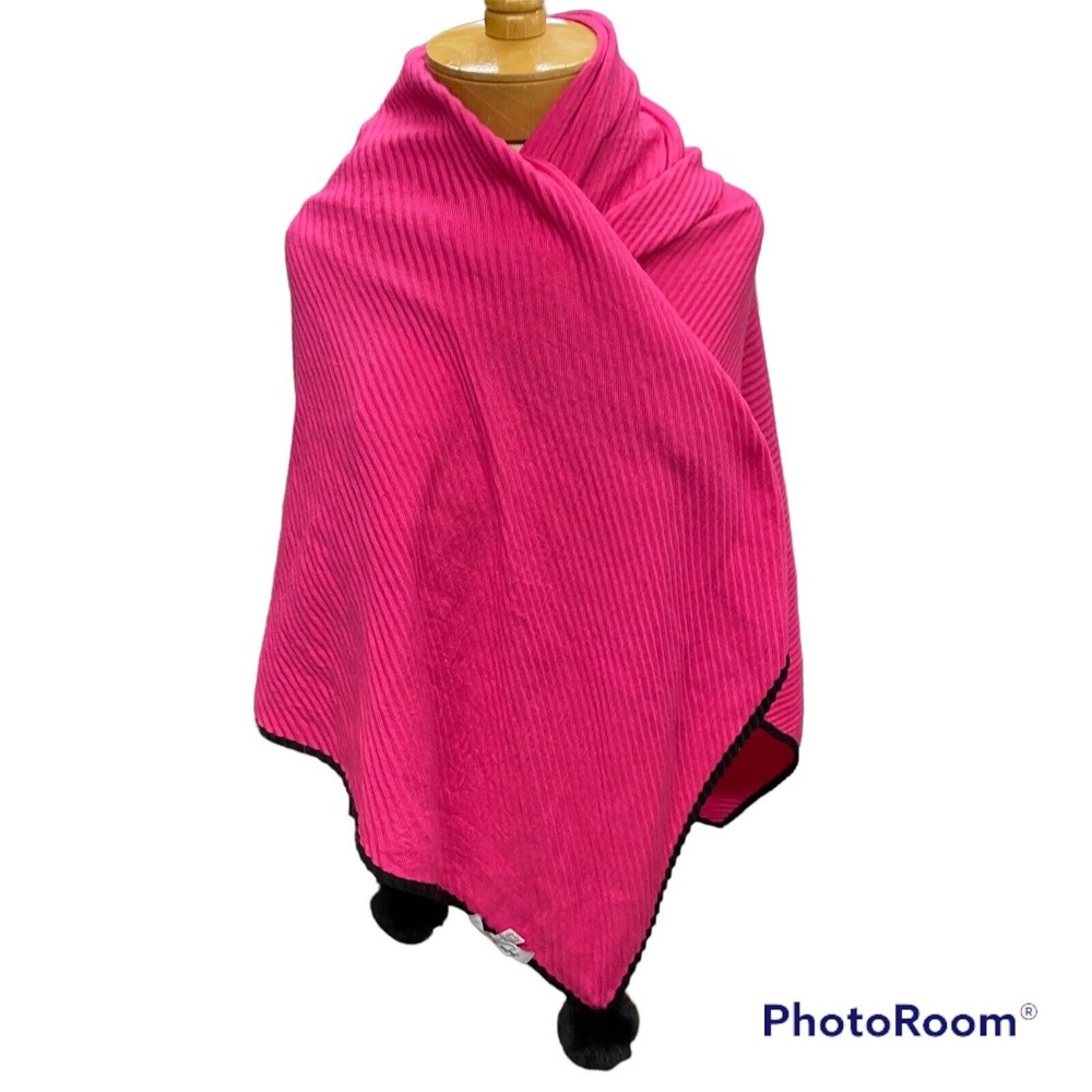 Anna & Ava Pink Ribbed Scarf Black Trim w/Two Black Pom Poms Polyester 43X47
